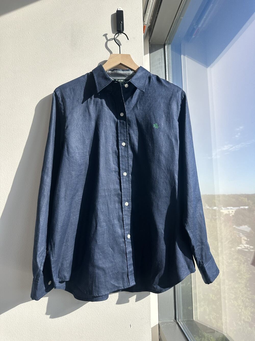 Lauren Ralph Lauren 100% Linen Button Down Long Sleeve Quiet Luxury Navy Shirt L